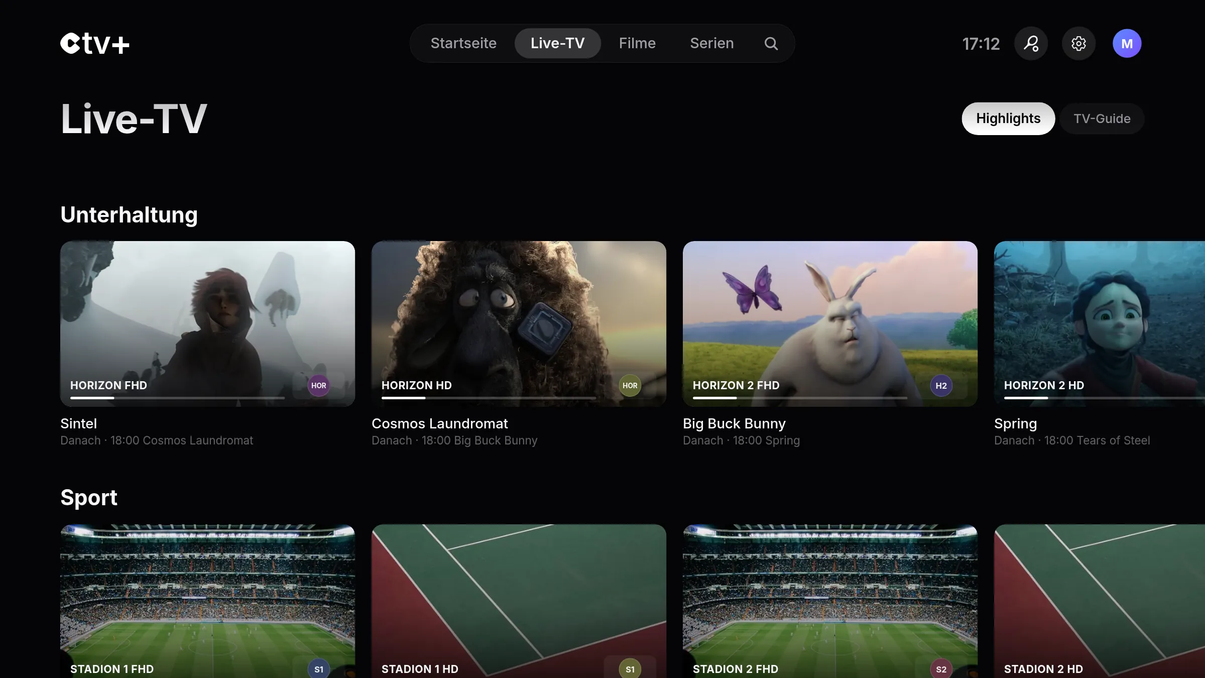 Live-TV in CTV+ mit fiktiven Sendern, nach Kategorie sortiert