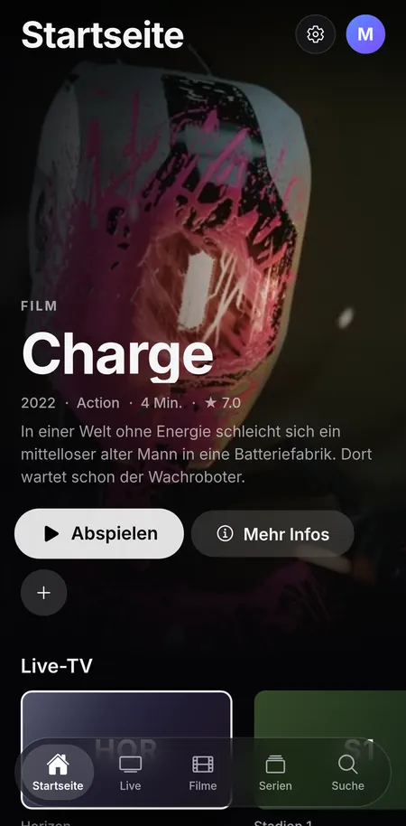 Startseite von CTV+ auf dem iPhone: Charge im Rampenlicht, dazu Live-TV und Neuheiten