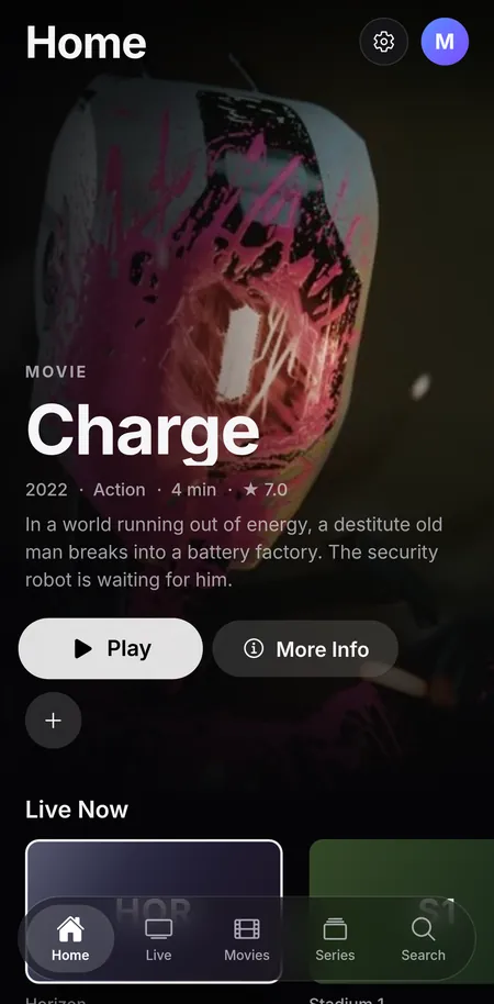 CTV+ home screen on iPhone: Charge featured, then live TV and recently added