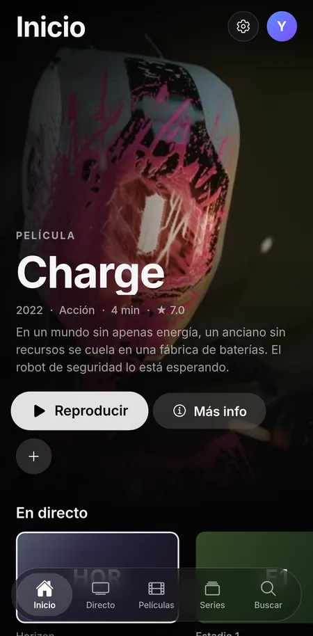 Pantalla de inicio de CTV+ en iPhone: Charge destacada, la TV en directo y lo último añadido