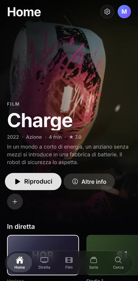 Schermata Home di CTV+ su iPhone: Charge in primo piano, poi la TV in diretta e le ultime aggiunte