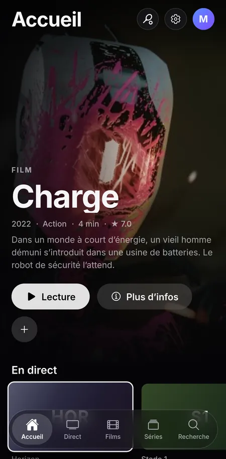 Accueil de CTV+ sur iPhone : Charge à la une, le direct et les ajouts récents