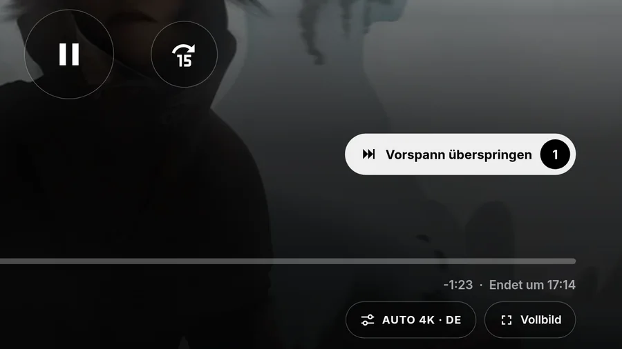 Player von CTV+ während der Wiedergabe von Sintel, mit der Taste „Vorspann überspringen“